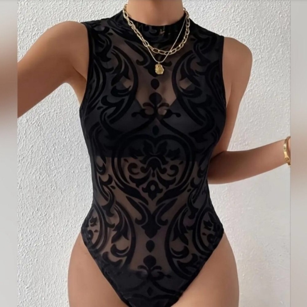 Black Geometric Knit Sleeveless Bodysuit new